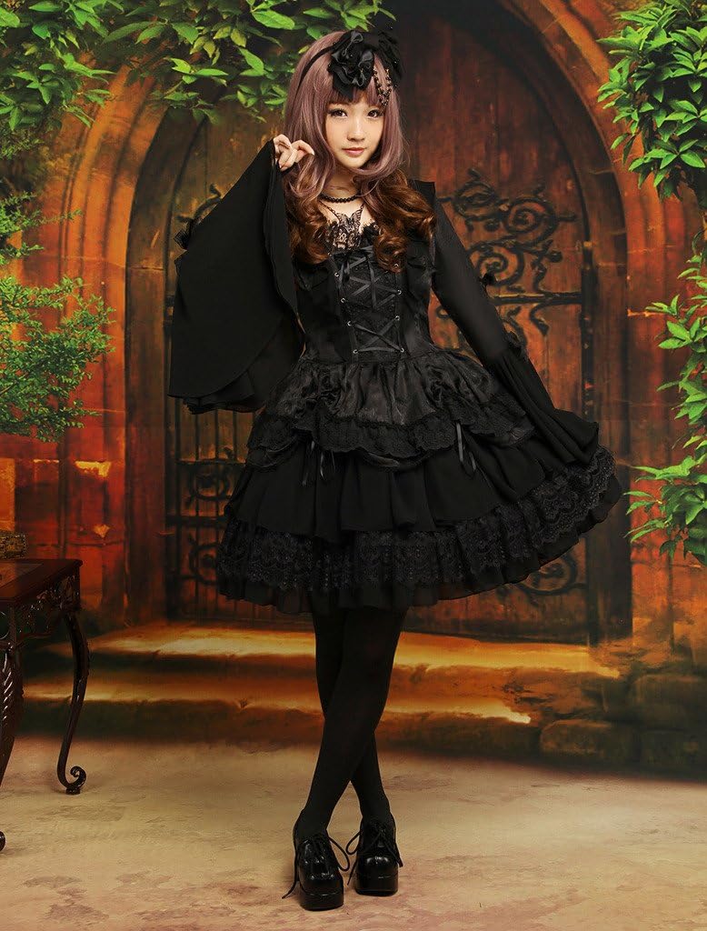 Hugme Gothic Black Chiffon Jacquard Cute Lolita One-Piece