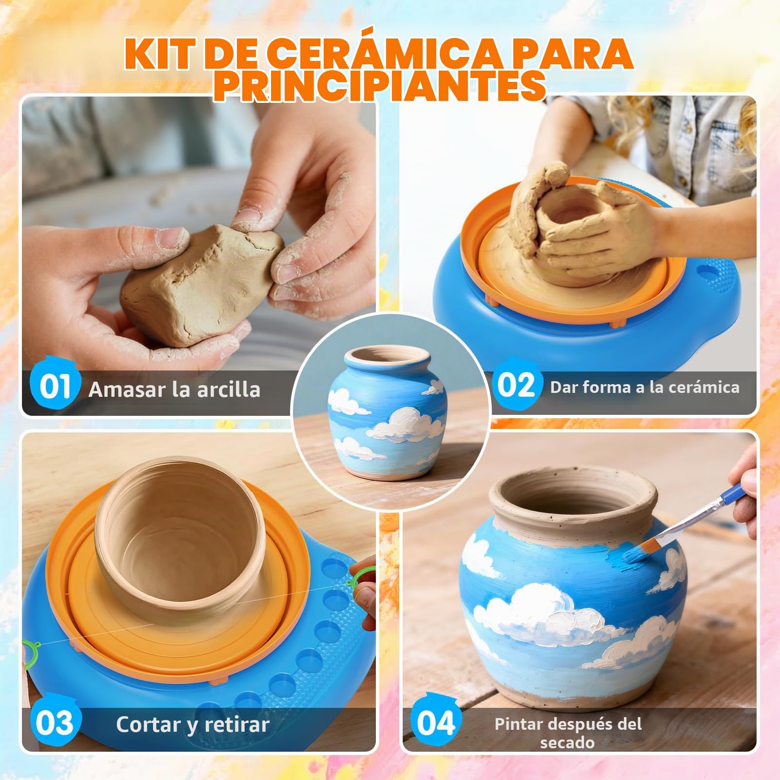 Torno de Cerámica Niños 6-12Años, Kit Alfarería con Arcilla | Set de manualidades DIY con 3 arcillas de secado al aire, 14 pinturas, pedal y USB – regalo para niña y niño, sin horno