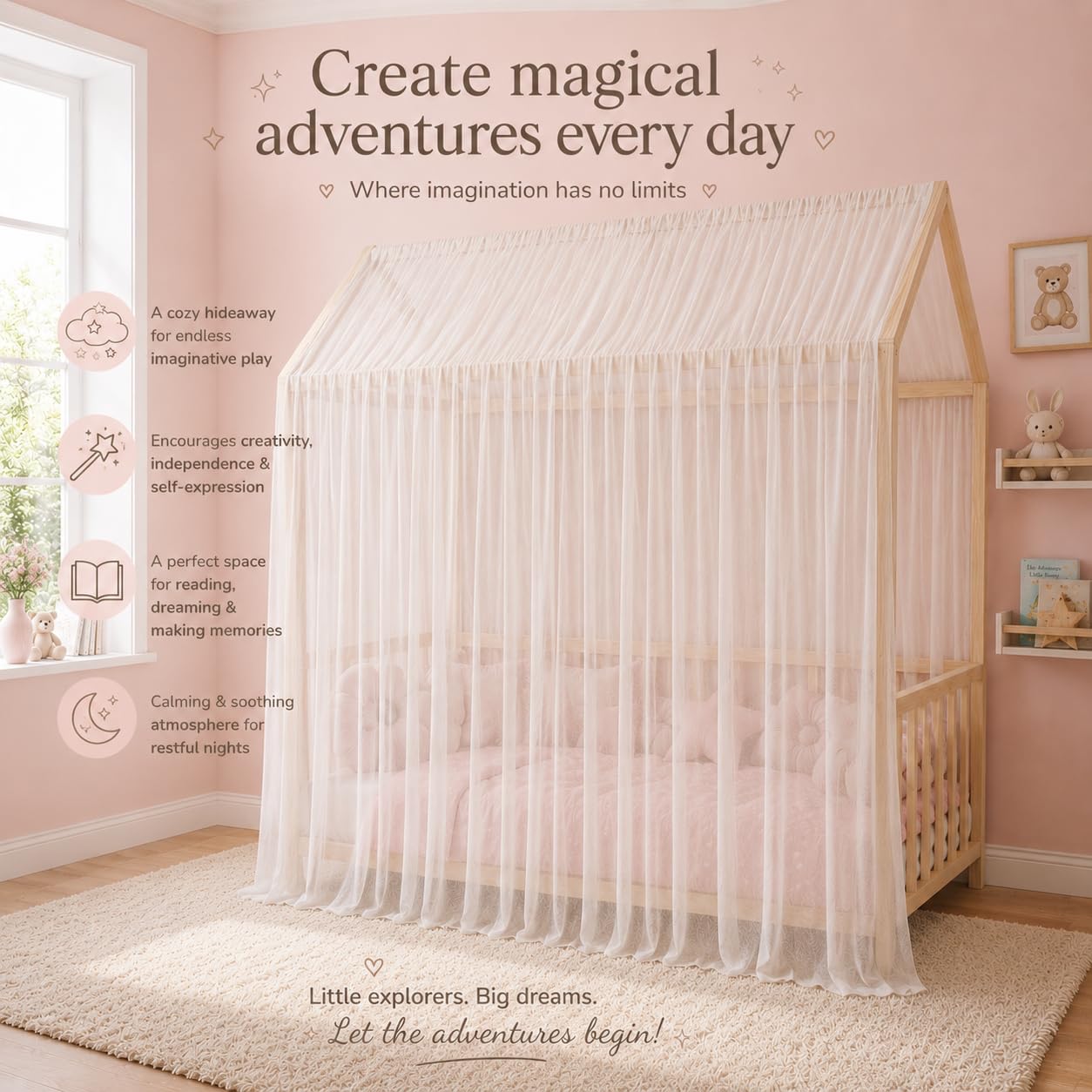 Baby Fancyroom Letto a baldacchino, per camera dei bambini, colore bianco/ecru per lettino, cameretta dei bambini, baldacchino, tenda da letto per ragazze, camera della principessa (con 5 farfalle