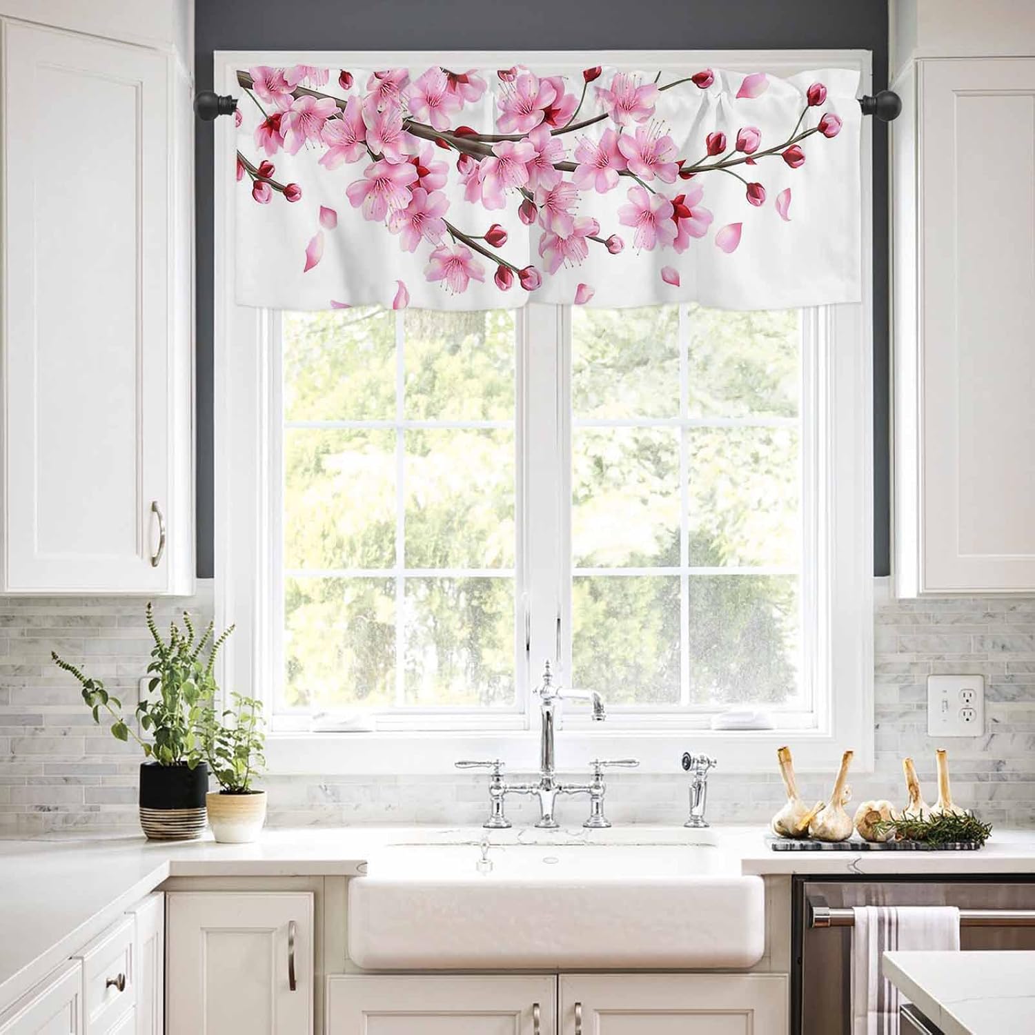 3 Pieces Kitchen Curtains & Valances Set, Cherry Blossoms Flower, Short Curtain Rod Pocket Window Curtain, Spring Pink Floral, Window Treatment Tiers Valances (Single Panel 54"x18",2 Tiers 27.5"x36")