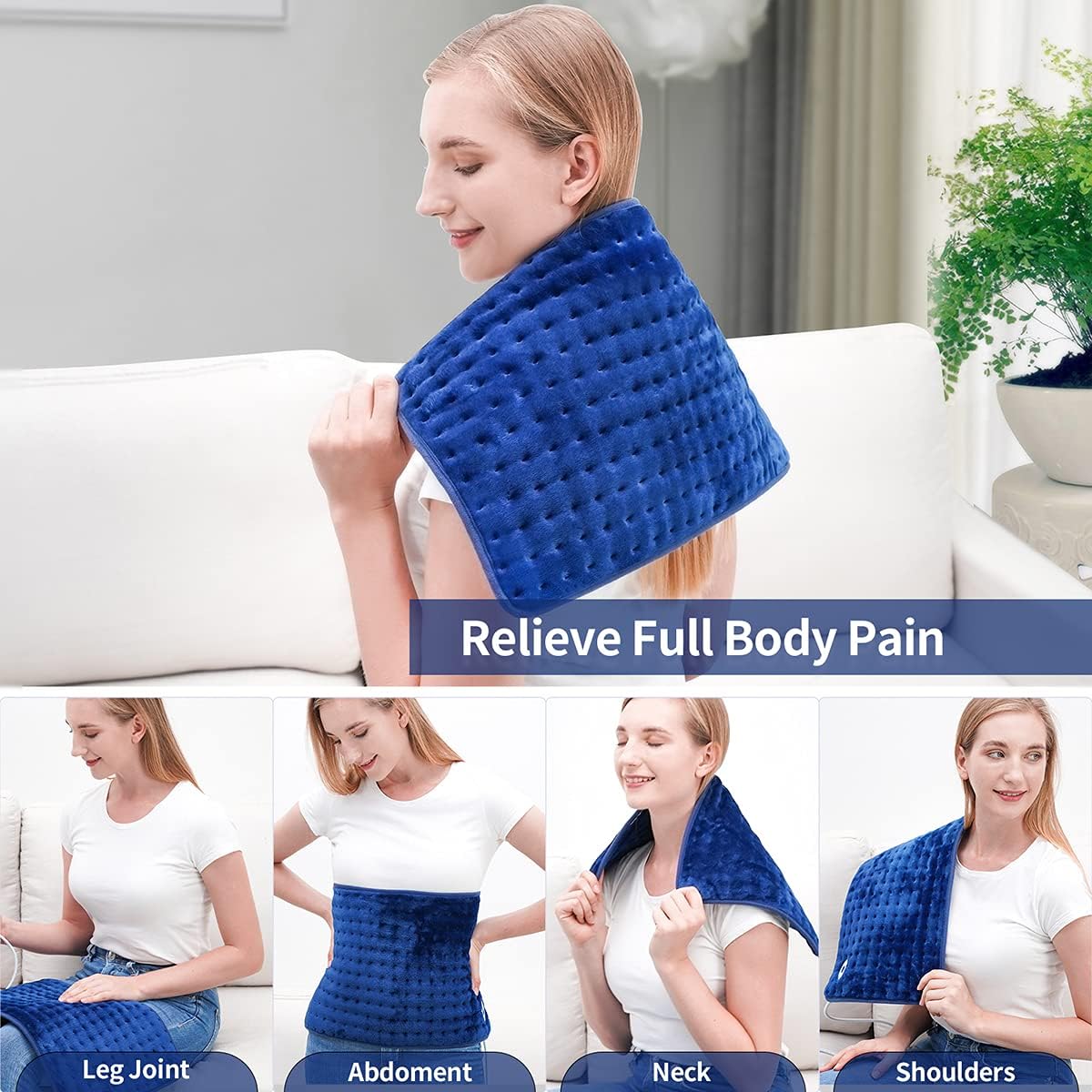 XIRGS Electric Heating Pad for Back Pain Relief, Heating Pad for Back Neck Shoulders, 12"x24" Fast Heating Ultra-Soft Heat Pad, 10 Temperature Level, Auto Shut-Off (Blue)