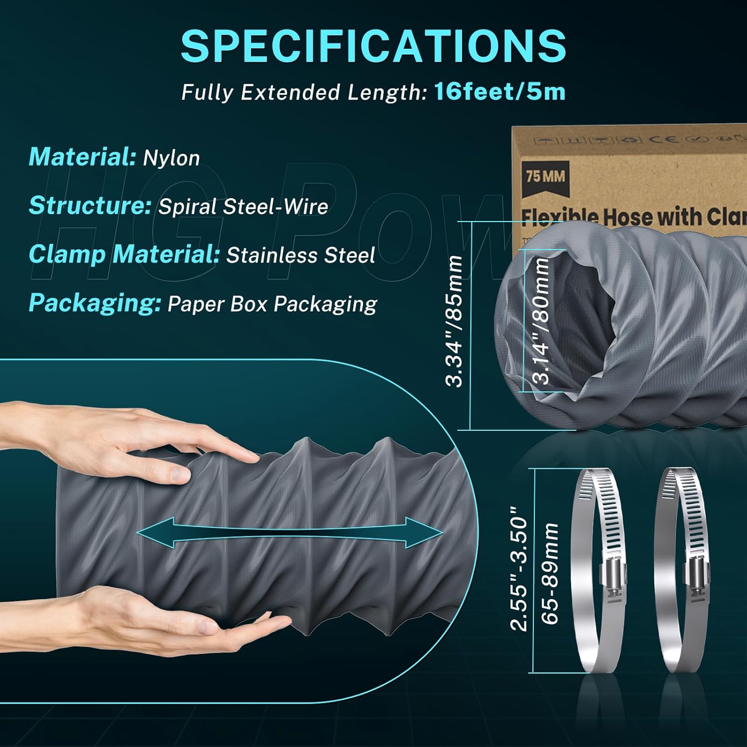 HG Power 3 Inch Duct Hose 3 Flexible Duct 3 Inch Dryer Vent Hose(2 PCS)