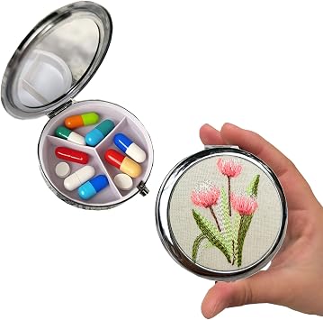 Leimandy Diameter 7cm Pill Case Pill Box with Mirror Retro 3 Compartment Pill Box Compact Mirror Moisture Proof Pill Case Travel Size Pill Case 7 Day Birthday Gift Mothers Day Gift L3 Pink Tulip