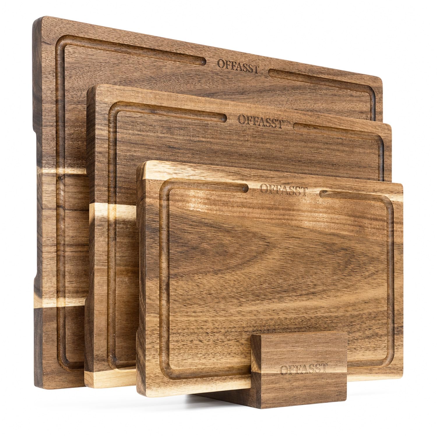 Akazienholz Schneidebrett Set 3-teilig(40x30, 33x24, 27x18cm) – Holzbrett Küche mit Brettständer, Schneidbretter aus Holz für Fleisch & Gemüse, Cutting Board