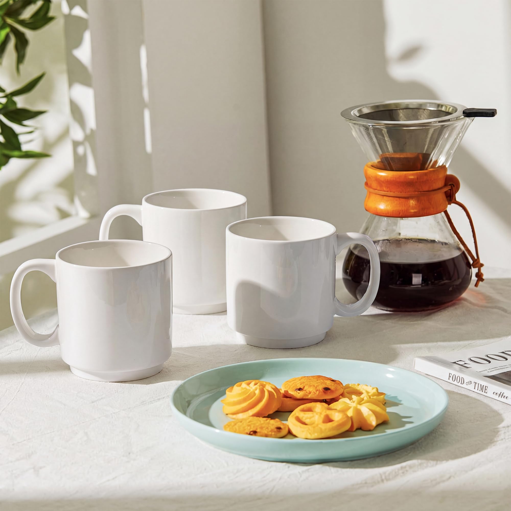 Sweese Stapelbare weiße Kaffeetassen aus Porzellan, Kaffeetassen mit Griff, für spezielle Kaffeegetränke, Cappuccino, Café Mokka, Latte und Tee, Weiß,