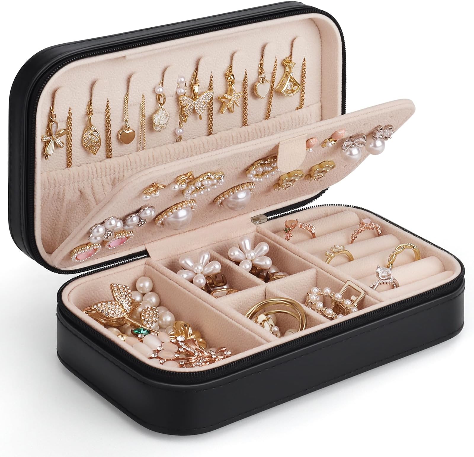 Travel Jewelry Box, PU Leather Portable Jewelry Case, Small Jewelry Boxes for Gifts, Travel Jewelry Organizer for Women Rings Earrings Necklaces Bracelets (Black)