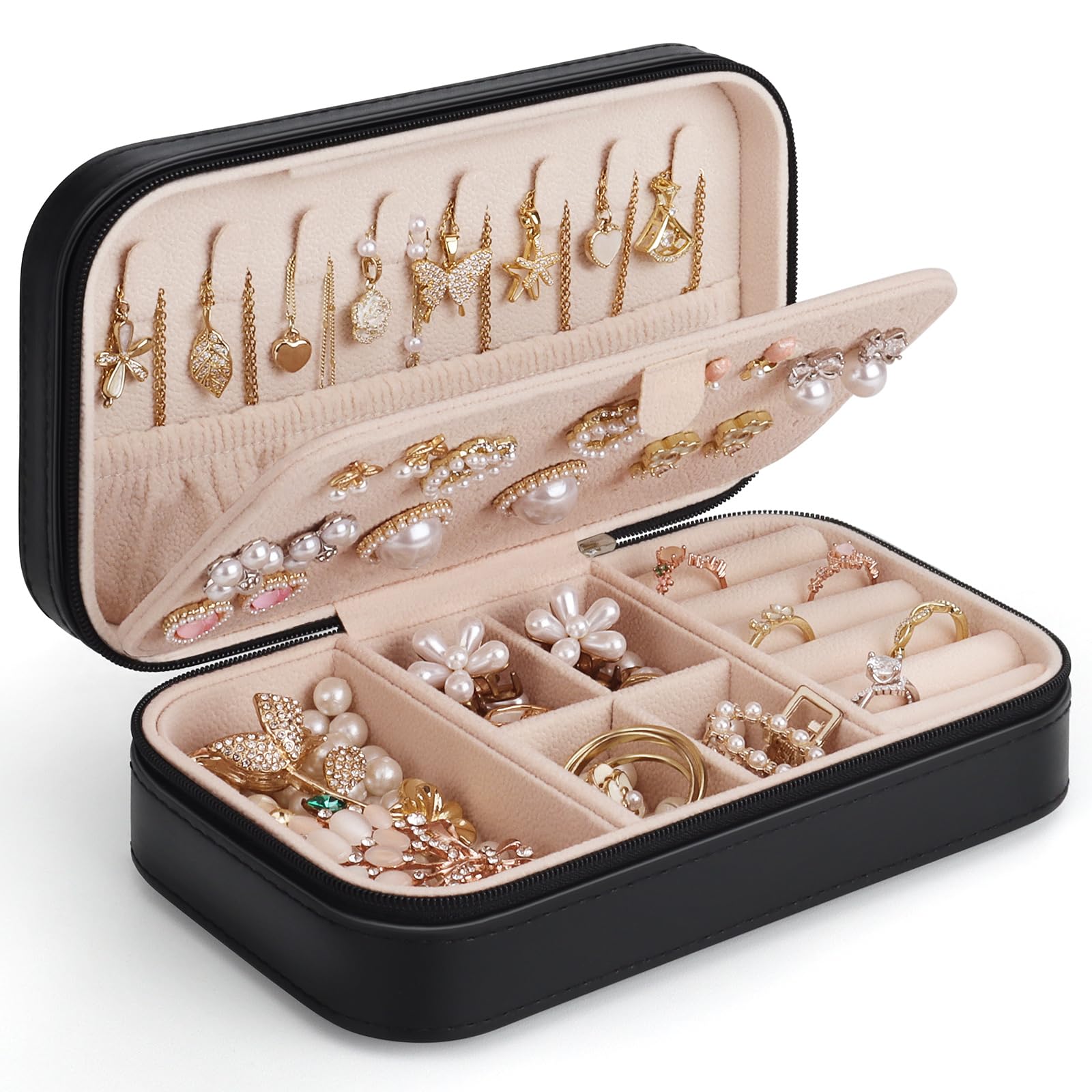 DesignSter Travel Jewelry Box, PU Leather Portable Jewelry Case, Small Jewelry Boxes for Gifts, Travel Jewelry Organizer for Women Rings Earrings Necklaces Bracelets (Black)