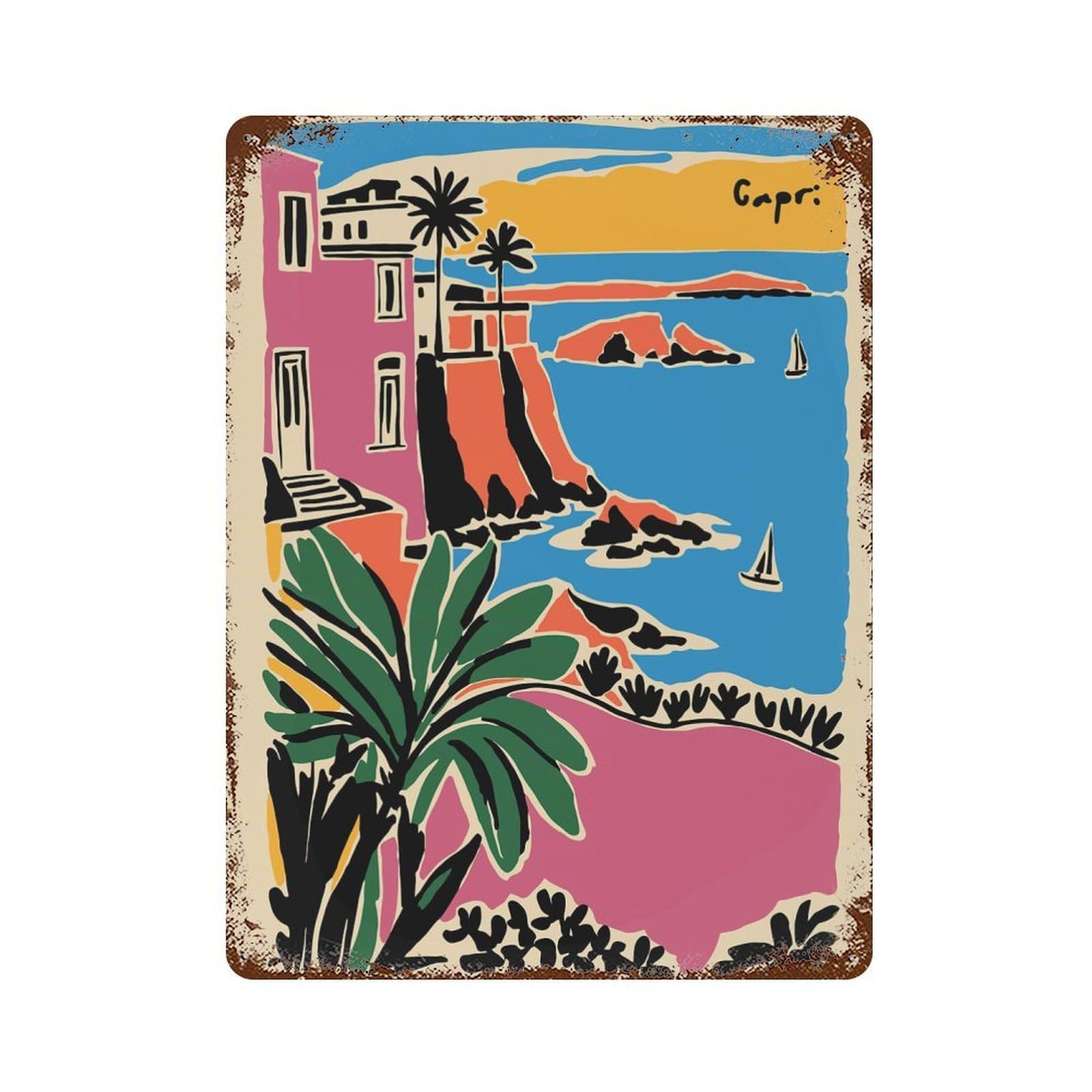 Garage Style Capri Coastline Illustration Distressed Metal Wall Sign 15.7"x11.8", Shabby Chic Decor for Bar And Workshop