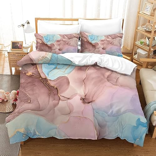 LTAETHC Funda de edredón tamaño individual, juego de ropa de cama con estampado 3D nórdico claro, de lujo, colorido, mármol, azul, rosa, morado,