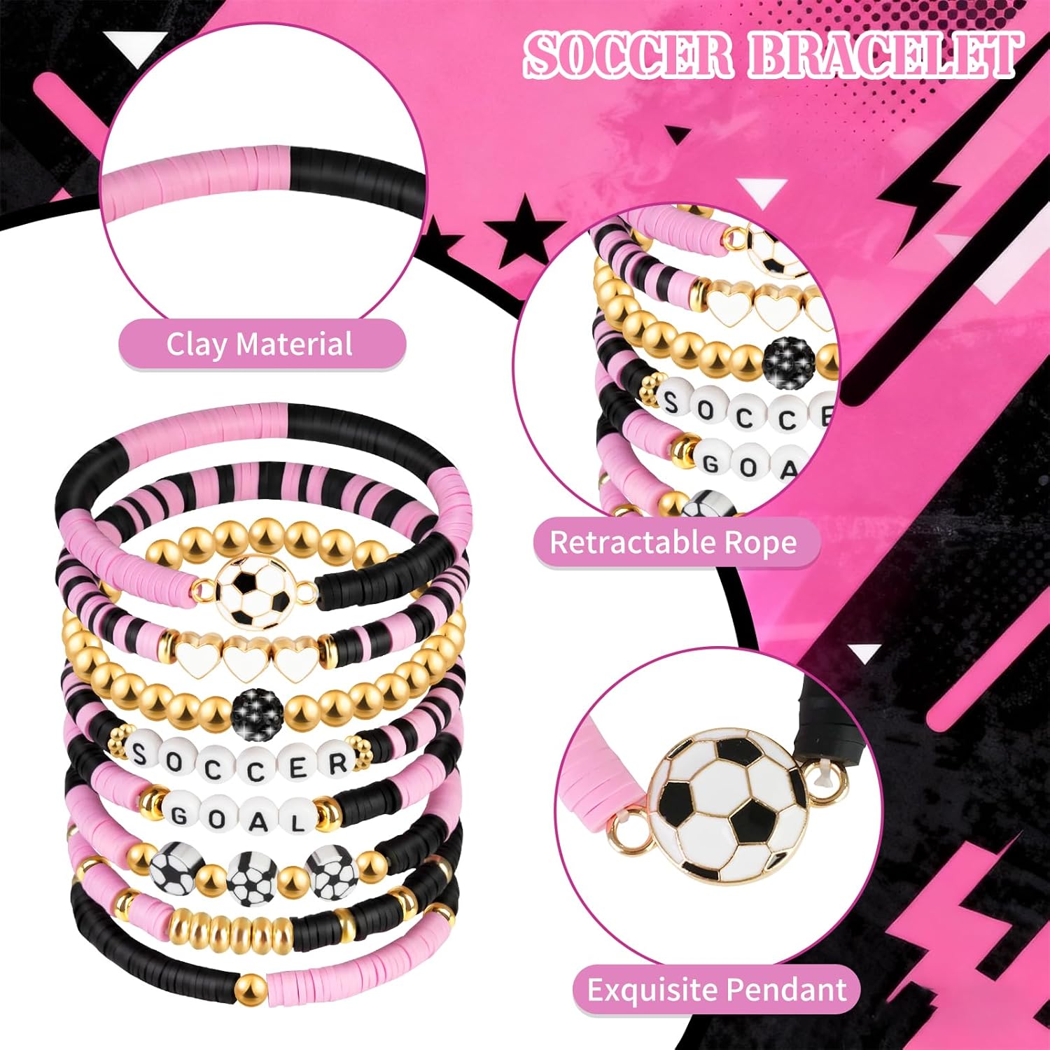 Soccer Beaded Bracelets, Game Day Clay Friendship Bracelets Soccer Sport Fan Stretch Bracelet for Sports Game Team Coach Mom Women Men Jewelry Accessories Gift for Christmas
