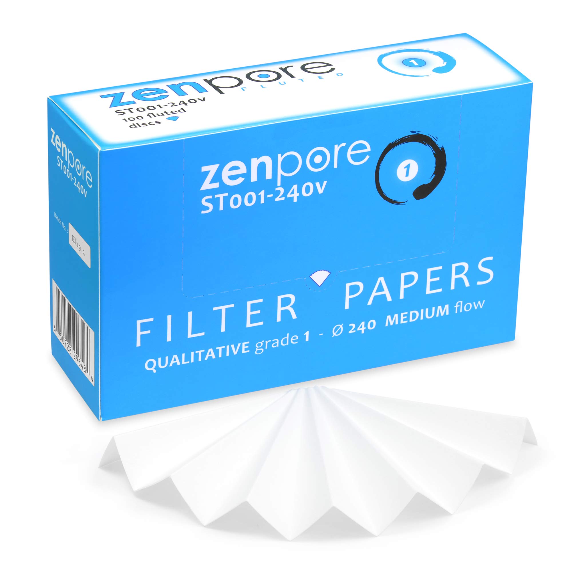 Papier filtre cannelé 24 cm, pré-plissé (plié), grade qualitatif 1 - débit moyen 240 mm (100 disques)
