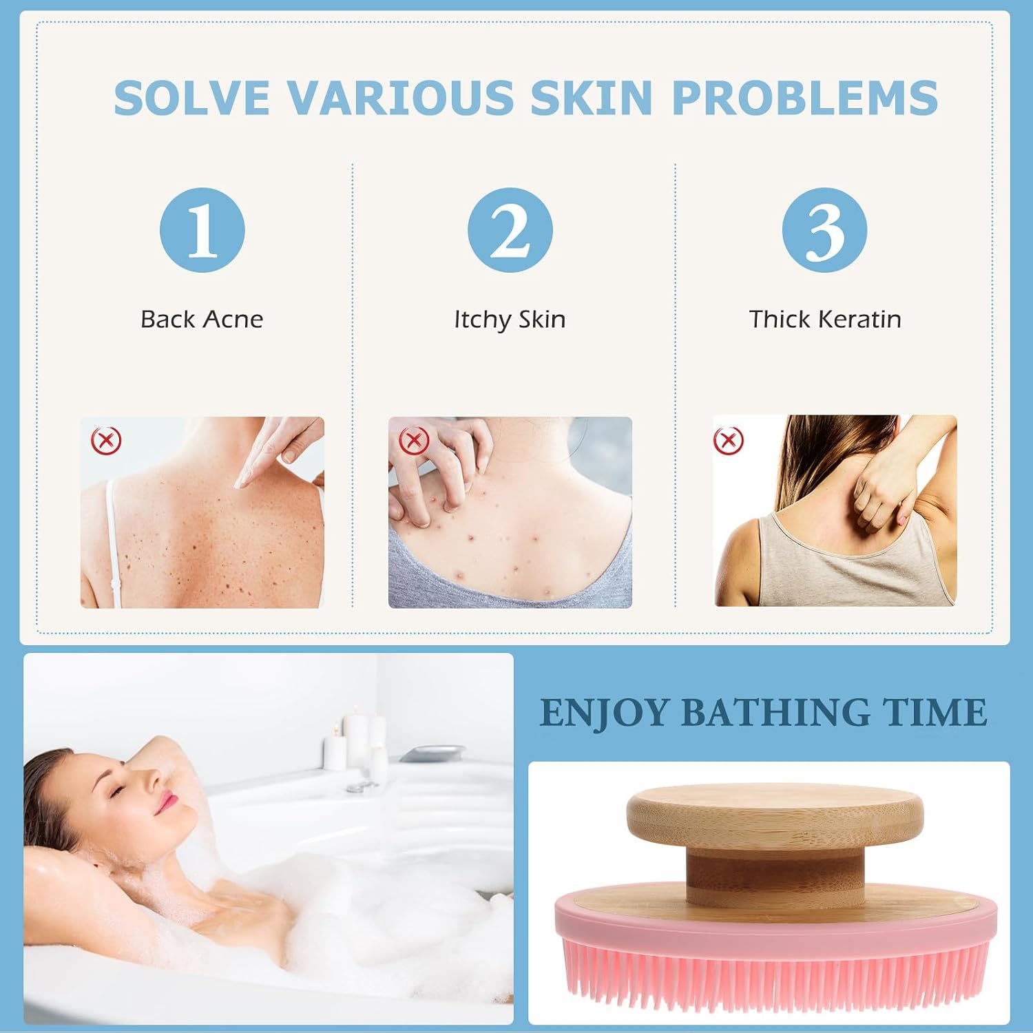 Silicone Body Scrubber with Handle, Soft Exfoliating Bath Brush for Skin Massage and Deep Cleaning, Lightweight Household Shower Scrubber for Men and Women