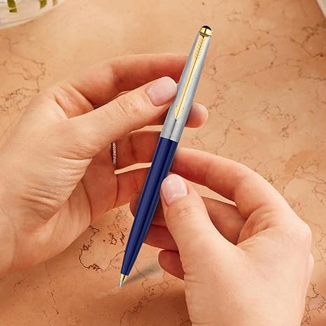 Parker Galaxy Stainless Steel Gold Trim Ball Pen - Blue Body - Image 7