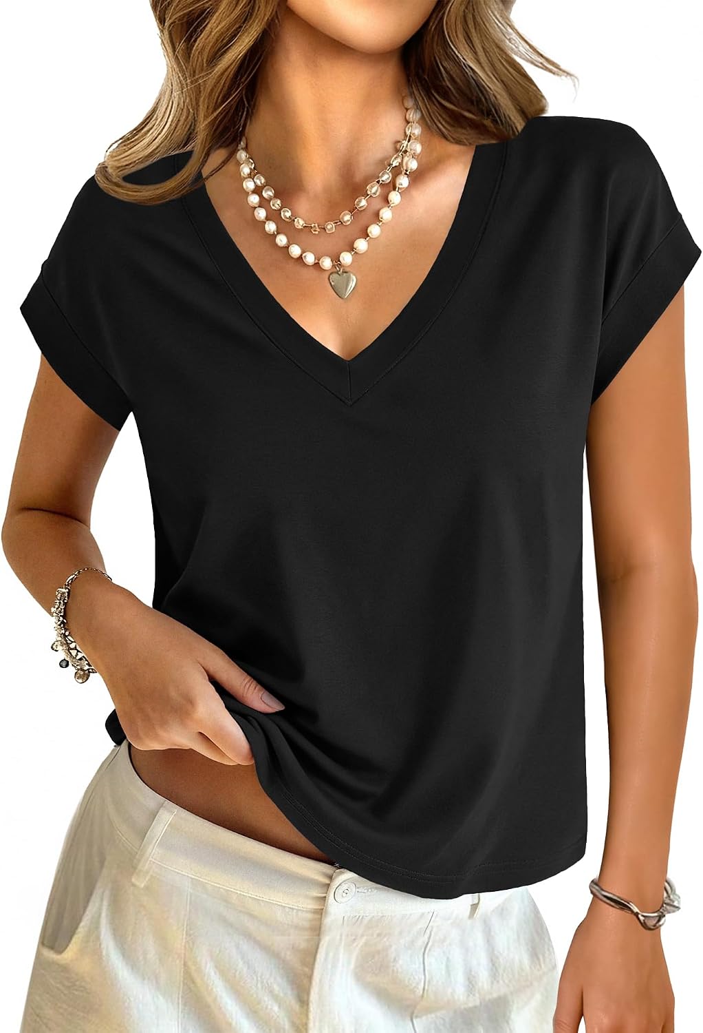 GKBK Womens Cotton Crop Tops Baby Tee Short Sleeve V Neck Boxy Summer Shirts