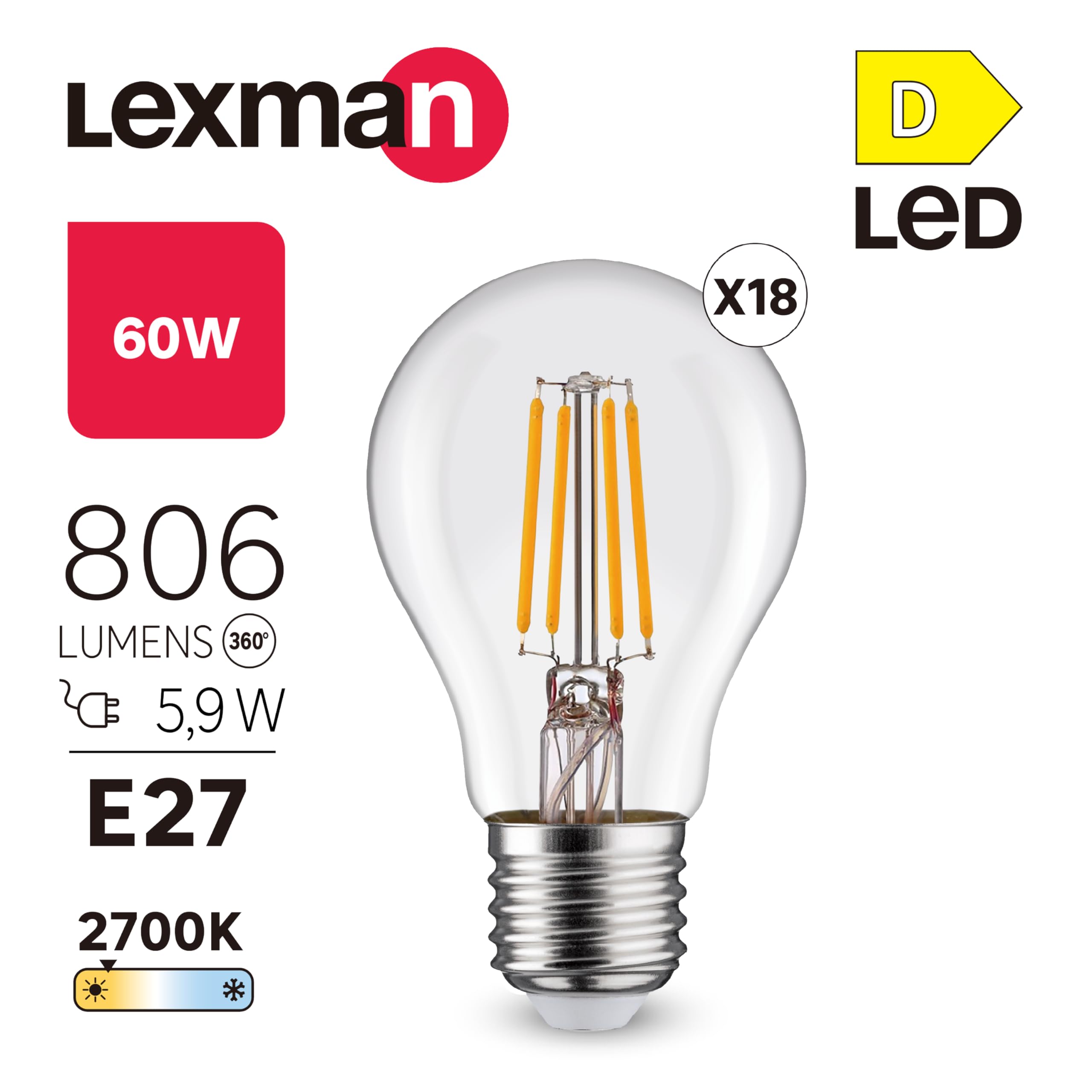 LEXMAN - 18er-Set LED-Lampen - 18 x LED Glühbirnen E27-806 LM - 5,9W entsprechend 60W - Ø 60 mm - 2700K - Warmweiß