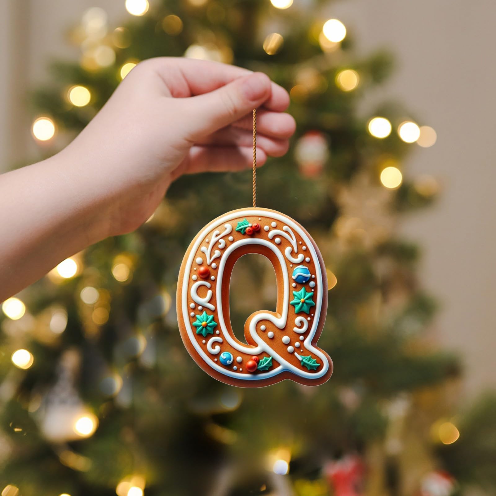 A-Z 26 Gingerbread Alphabet Ornaments for Christmas Tree Decorations, Candy Cane Initial Letter Xmas Pendant with Berries Pattern, Christmas Tree Hanging Ornaments DIY for Home Party Decor