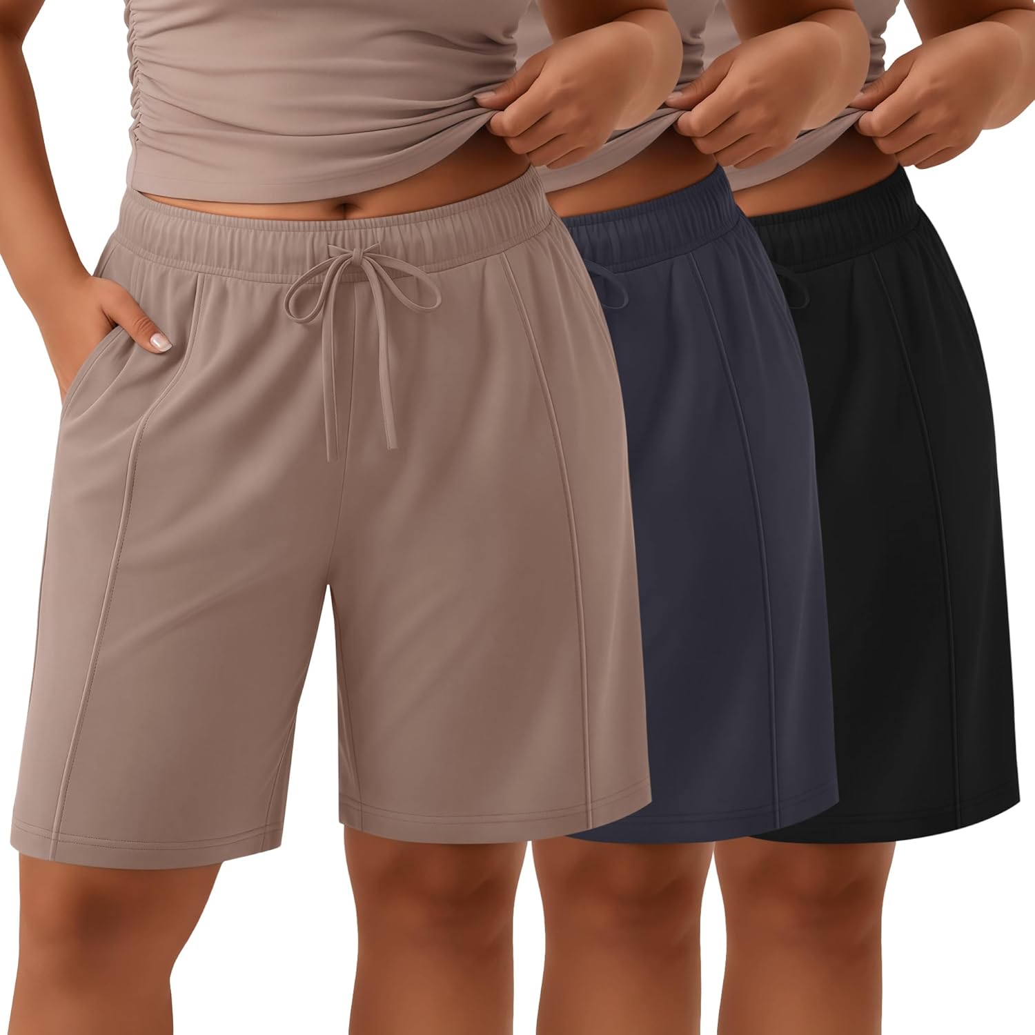 3 Pack Women's Plus Size Bermuda Shorts Wide Leg Elastic Drawstring Athletic Shorts Yoga Pants with Pockets