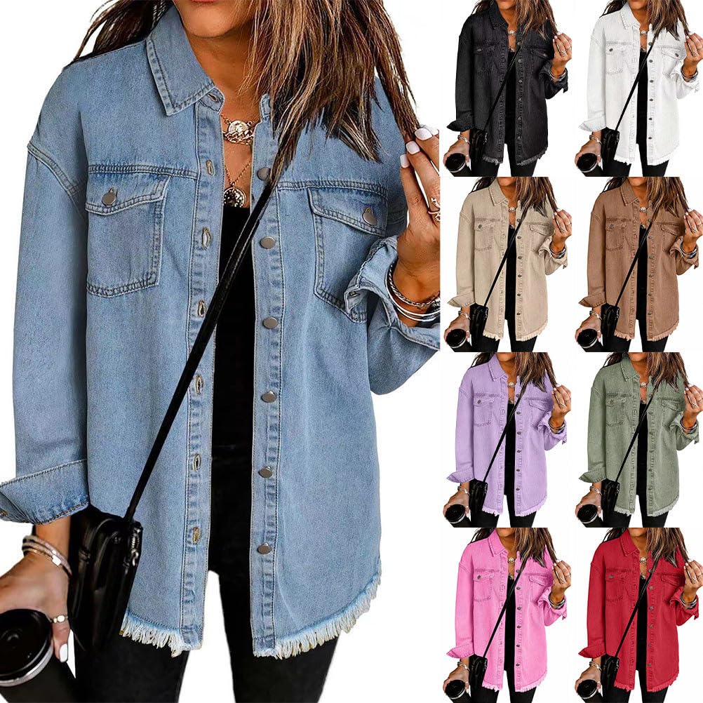 Veste en Jean Femme Longue Oversized Déchiré Denim Jacket Vintage Boyfriend Blouson
