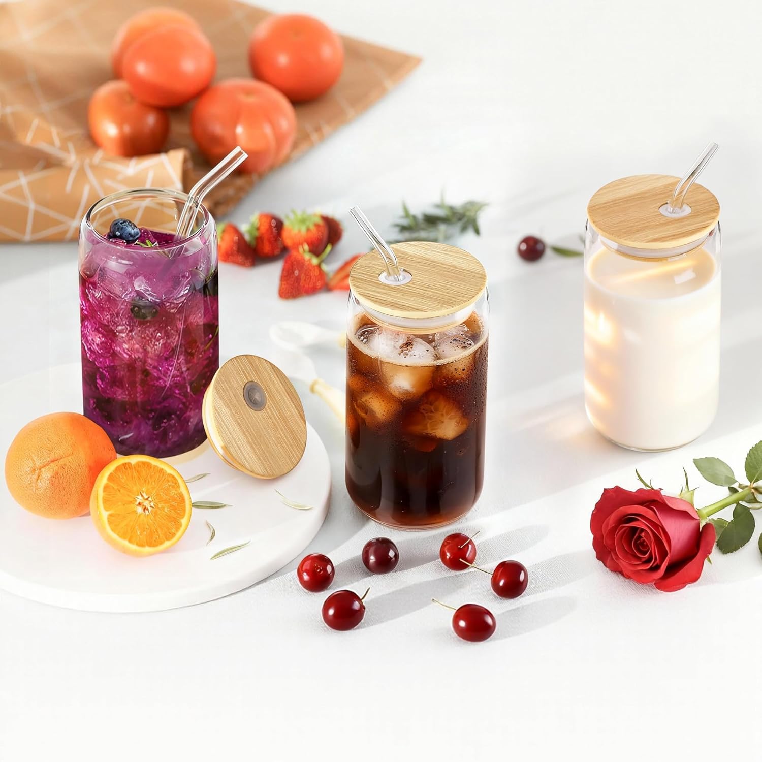 Drinking Glasses with Bamboo Lids and Glass Straw 6pcs Set - 16oz Glass Cups, Iced Coffee Glasses, Cute iced Tea Glasses, Beer Glasses, Ideal for Coffee Bar Accessories, Aesthetic Gift - 2 Brushes - Image 5