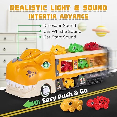 Miniatura 6 de Camión de dinosaurios de juguete para niños de 2, 3, 4, 5, 6, 7 años, pista plegable y modo de carrera de 2 jugadores, transportador de luz y sonido