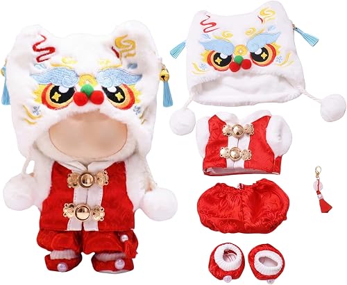 5PCS Lion Dance Doll Clothes Compatible with Labubu 15–17cm Figures (RED_White)