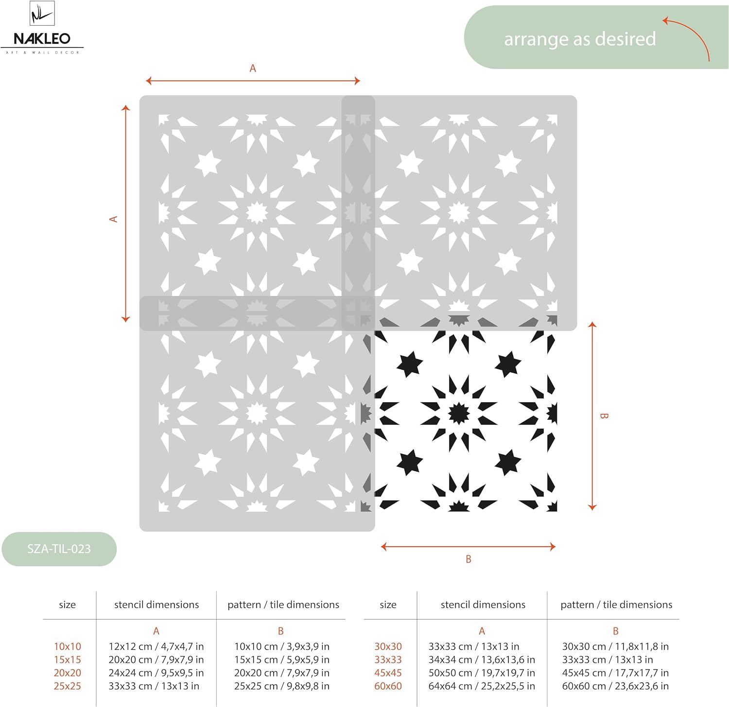 NAKLEO Tile Painting Stencil 23,6”x23,6”, Aldeia Sun Geometric Star Triangle Modern, Plastic Reusable Large Template, Home Decor Craft DIY, Floor Concrete Patio Wall - Terracotta
