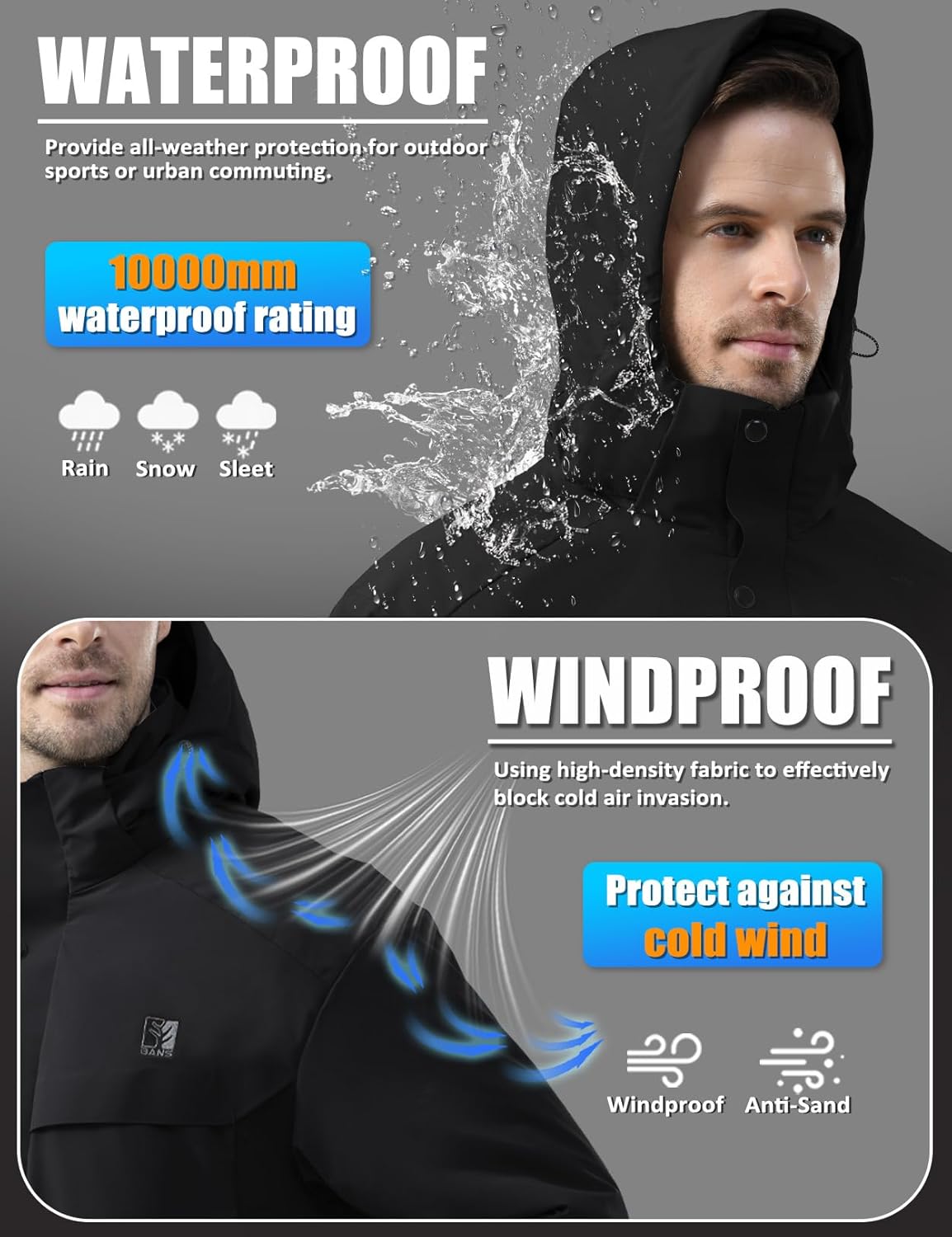 Men's Winter Ski Jacket Water Resistant Warm Snow Coat Windproof Insulated Snowboard Rain Jackets with Hood - Image 3