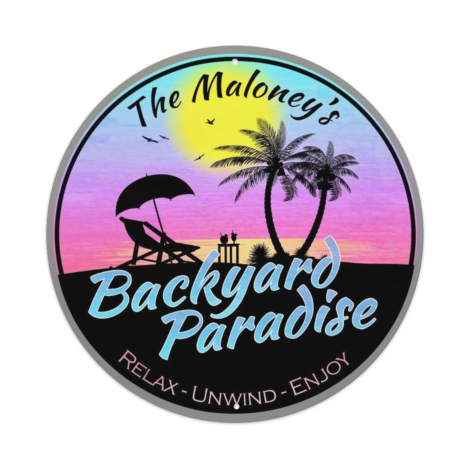 Tropical Sunset Palm Trees Chair Umbrella Retro Metal Sign Round Tin Sign, Vintage Decor Art Poster for Bar, Home, Man Cave, Kitchen, Laundry Room Gift 8x8Inch