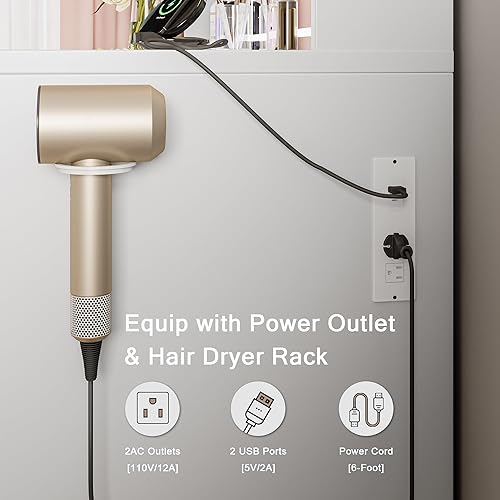 Vista 8 de Escritorio de tocador de maquillaje con espejo y luces LED, mesa de tocador grande con parte superior de cristal con 7 cajones y 3 gabinetes