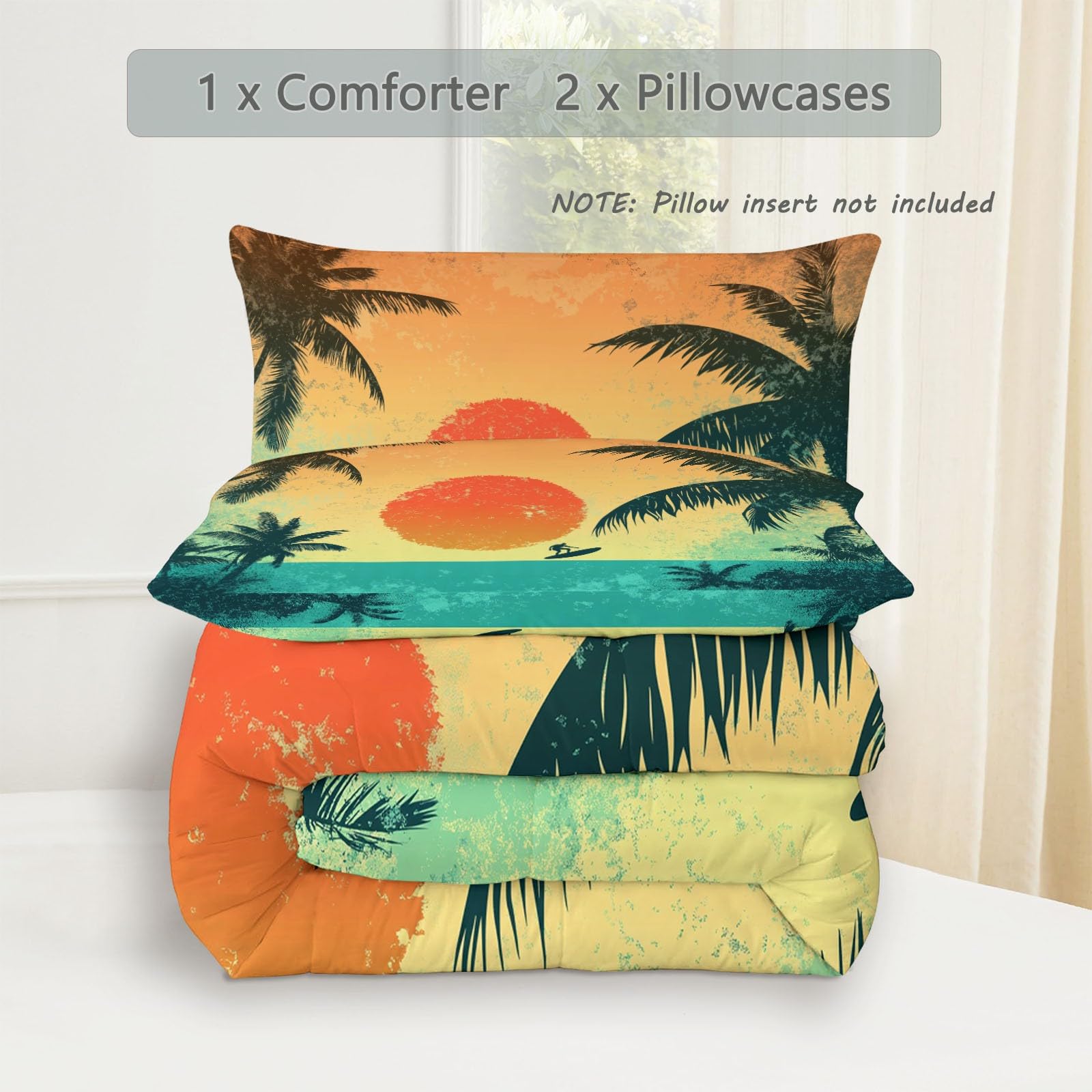 Retro Sunset Palm Tree Duvet z mikrofibry, kołdra na łóżko 2-osobowe 135x200 cm, wszystkie 4 pory roku i zima na łóżko, 2 poszewki na poduszki, kolor pomarańczowy