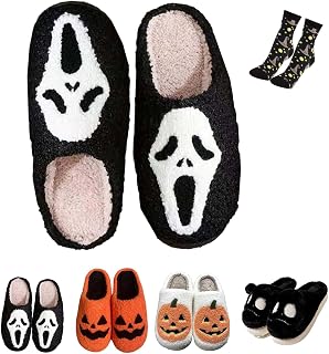 Halloween Slippers for Womens Men, Scream Ghostface Slippers, Halloween Pumpkins Slippers Soft Plush Spooky Slides