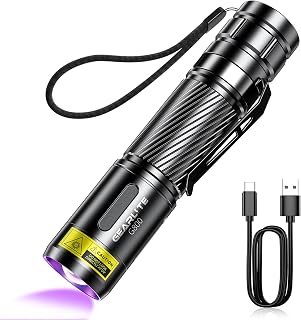 GEARLITE LED UV Taschenlampe Aufladbar, Mini UV Lampe Schwarzlicht Flashlight, 395nm Zoombare Ultraviolettes Licht Torch IP65 Wasserfest für Bernsteinsuche Geocaching Heimtierurindetektoren Falschgeld