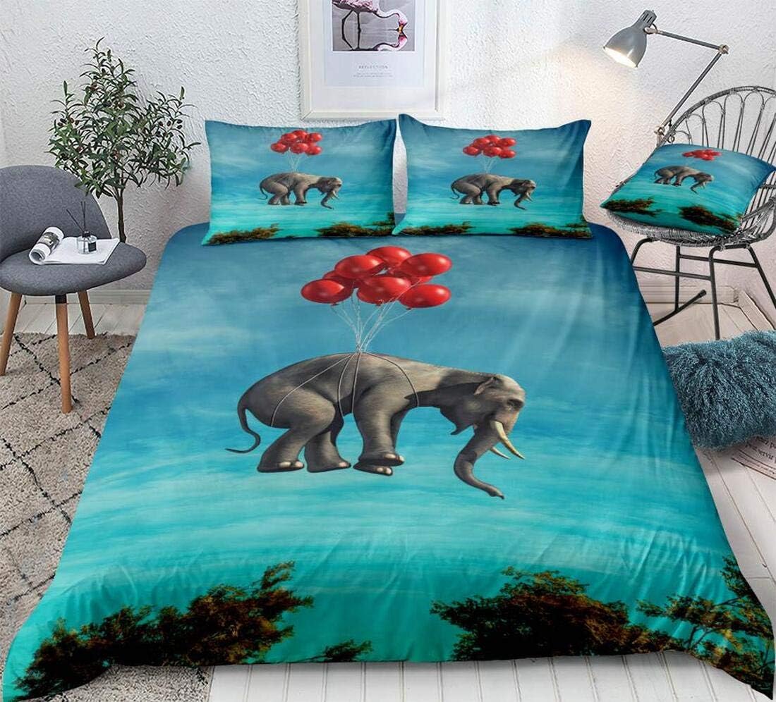 3D Elephant Bedding Sets Queen Animal Red Balloons Blue Sky