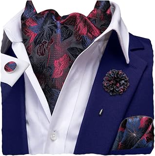 Silk Ascot for Men Self Tie Men's Cravat and Flower Lapel Pin Handkerchief Cufflinks Set for Wedding Party