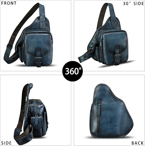 Miniatura 2 de Bolso bandolera de cuero genuino para hombres y mujeres, bolso cruzado, mochila vintage para senderismo, deportes, viajes, Azul, Mochilas Sling