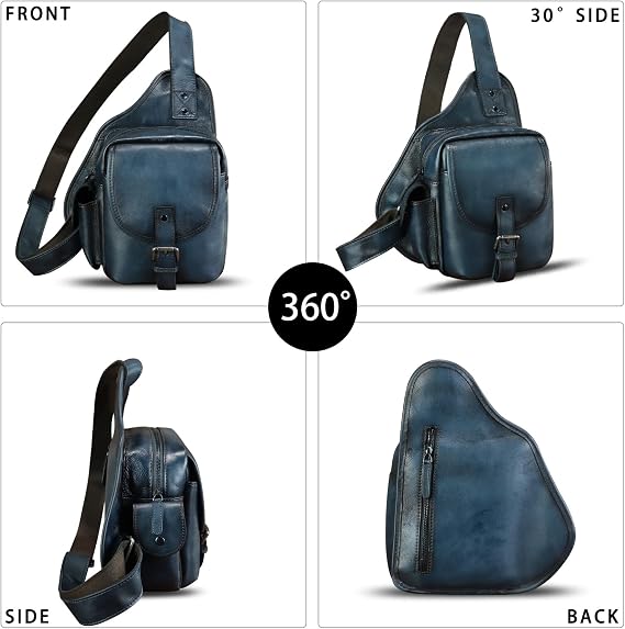 Genuine Leather Sling Bag for Men Women Chest Bag Crossbody Bag Vintage Sling Backpack Purses Hiking Sports Travel (Blue)