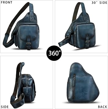 Genuine Leather Sling Bag for Men Women Chest Bag Crossbody Bag Vintage Sling Backpack Purses Hiking Sports Travel (Blue)
