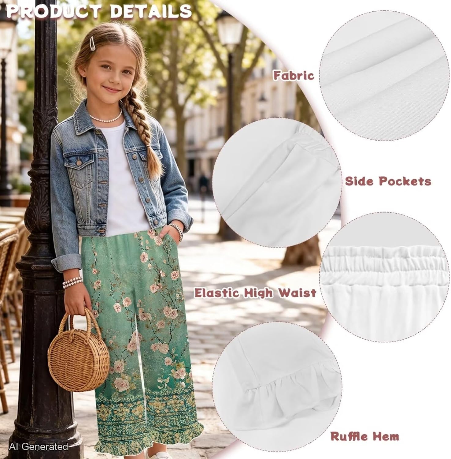 Wanyint Girls' Ruffle Pants Wide Leg Long Trousers Elastic Waist Loose Fit Trousers Dance Pants Outfits Playwear for 5-14 Y