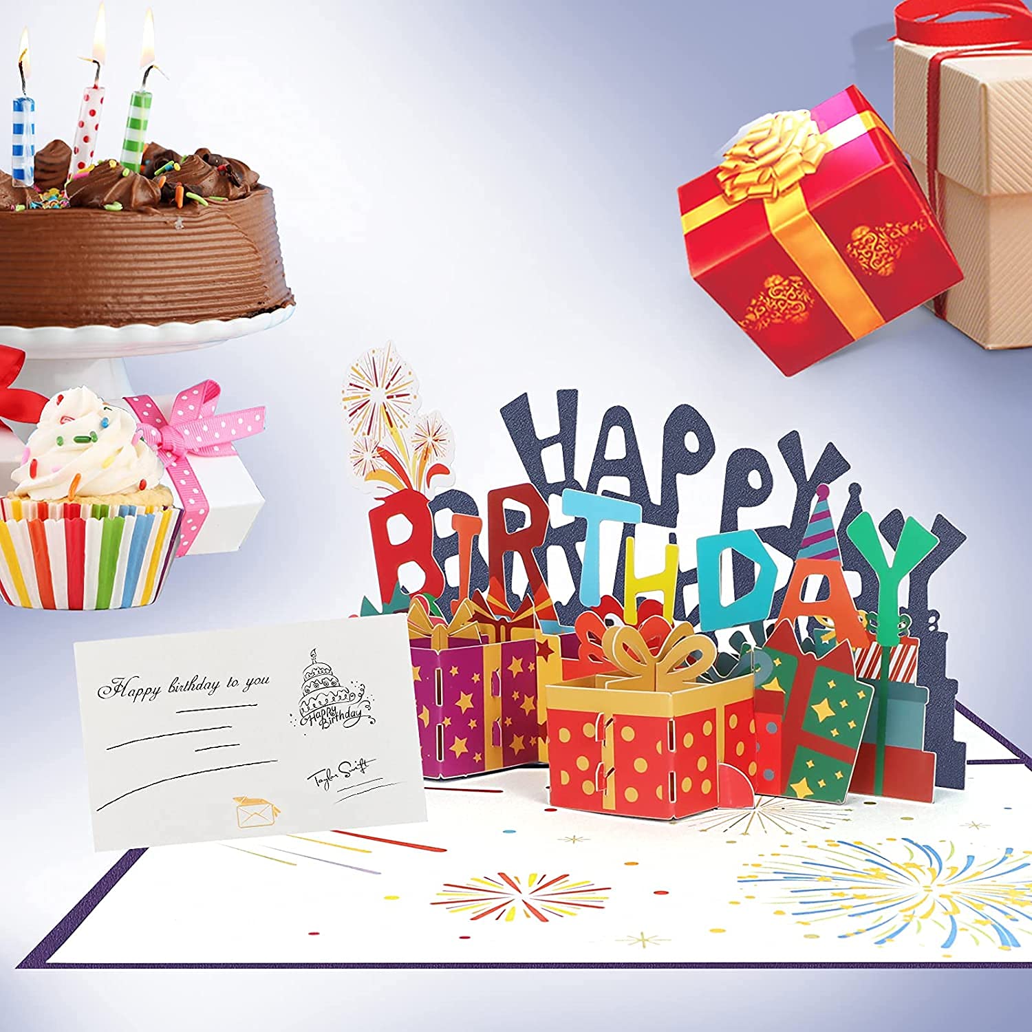 3D Pop-Up Geburtstagskarte Mit Umschlag – „Happy Birthday“-Kuchen & Luftballons, 19,1x15,2 Cm
