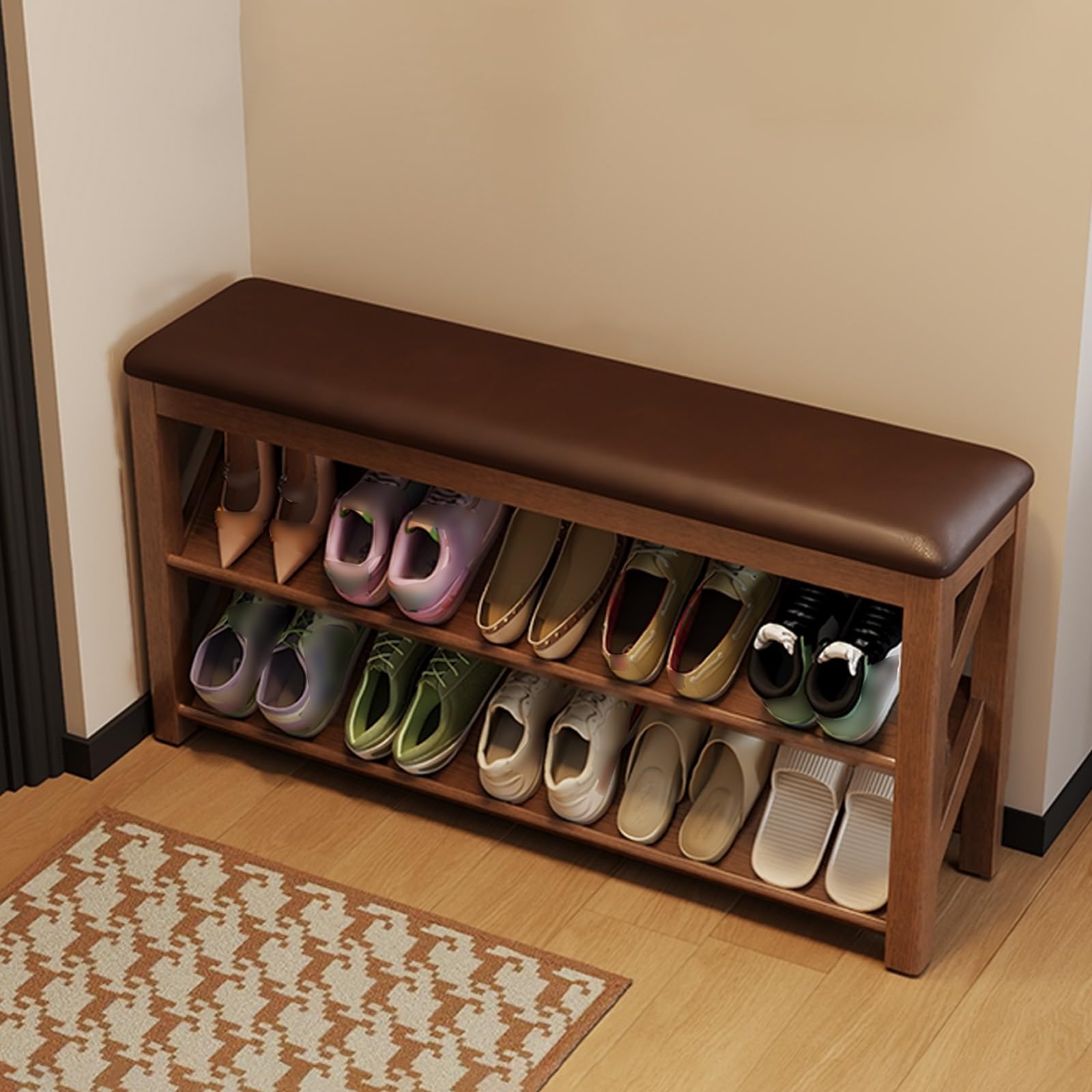 Meuble d'entrée en bois massif stable avec assise confortable premium