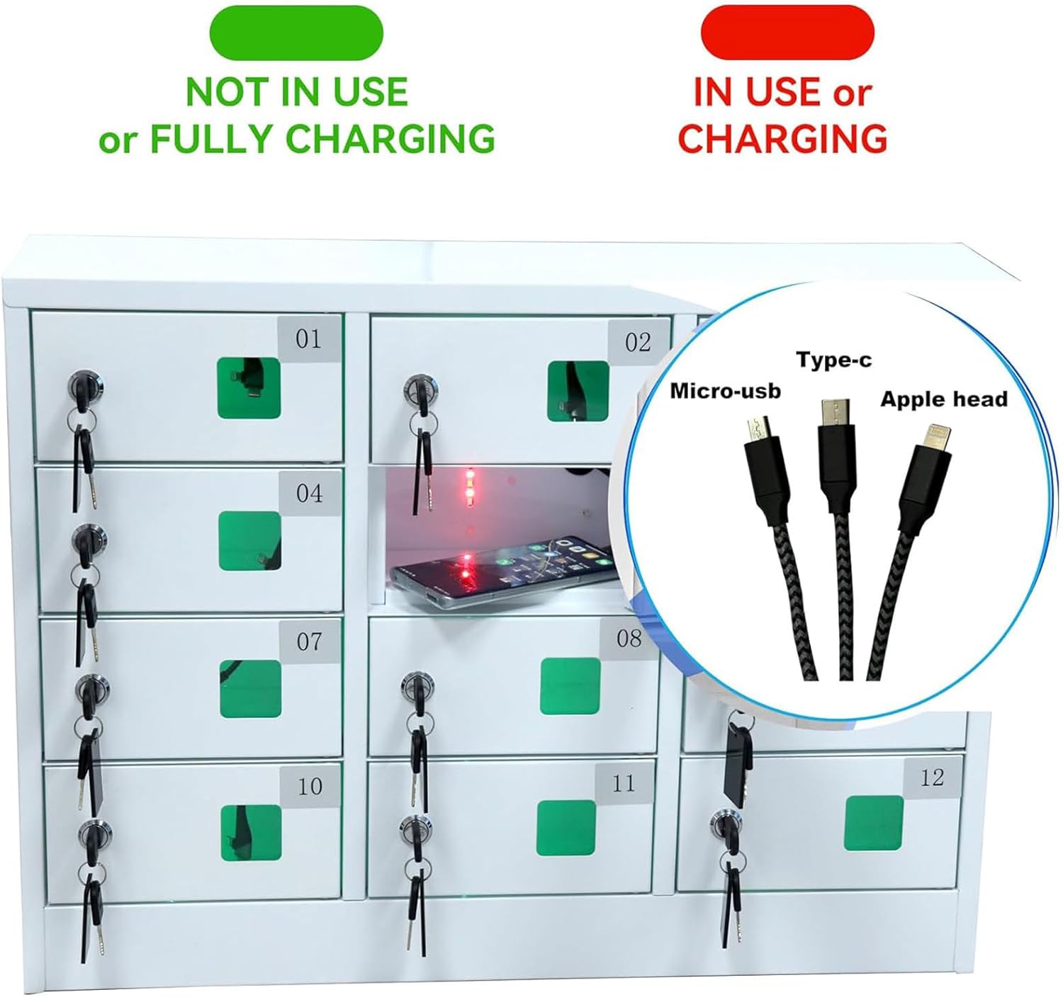 Steel 12 Slots Cellphone Locker,Combination Locks & Built-in Type-C Charging Cords-Storage Solution for Schools,Libraries & Educational