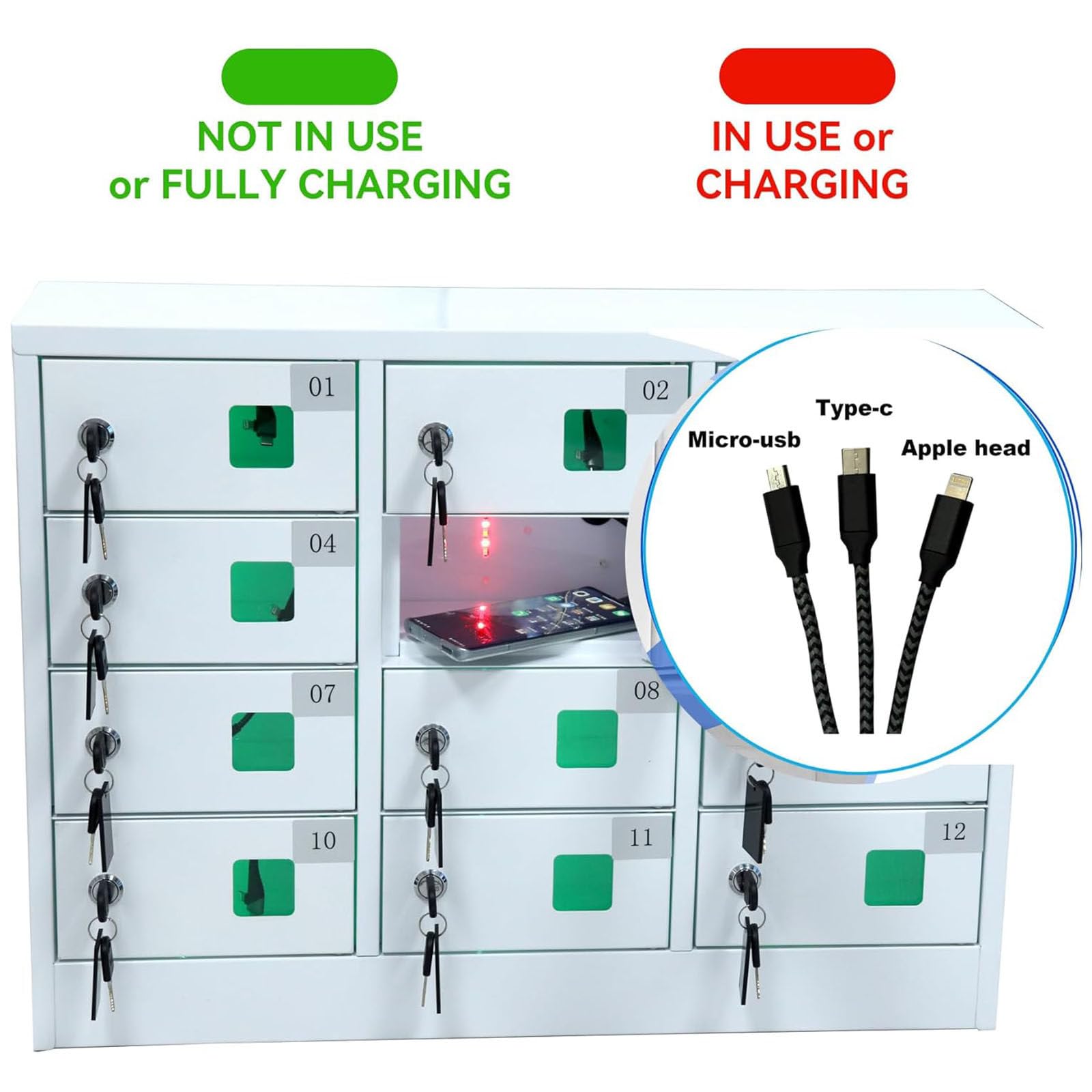 Casier en Acier pour téléphone Portable 12 emplacements sécurisé et Pratique avec Mini-Chargeur, Station de Charge, Armoire et Serrure à Combinaison, Blanc pour étudiants et employés