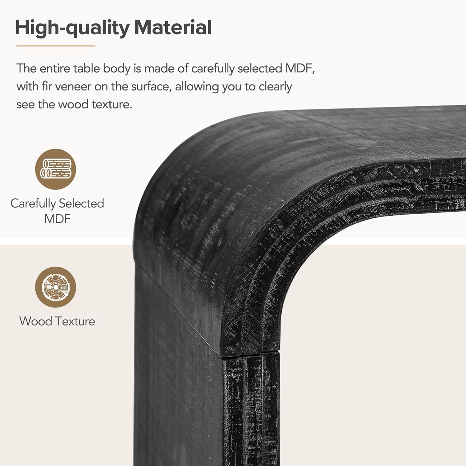 Wooden Coffee Table, 47.2" Rectangle Mid Century Modern Wood Center Table, Farmhouse Curved Art Deco Tabletop Cocktail Tea Table for Living Room Home Office Black
