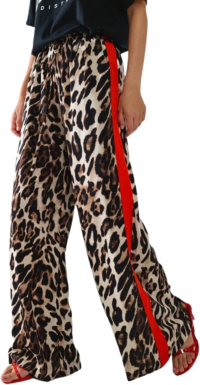 Women's Casual Pants Drawstring Leopard Print Color Block Side Striped Straight Leg Wide Leg Loose Pants