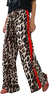 Charfille Women's Leopard Print Color Block Wide Leg Casual Pants - Drawstring Waist Loose Palazzo Trousers