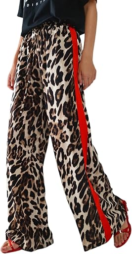 Charfille Women's Casual Pants Drawstring Leopard Print Color Block Side Striped Straight Leg Wide Leg Loose Pants