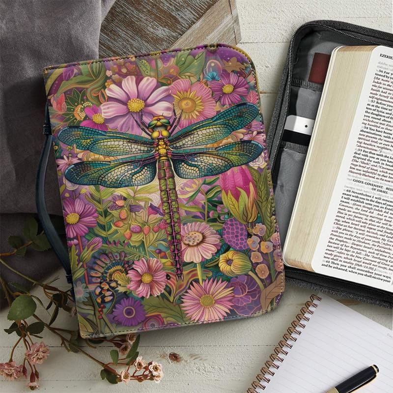 Kuiaobaty Vintage Dragonfly Flowers Book Cover for Women Folk Art Dragonflies Floral Handle Bible Case with Inside Pen Pocket,Bookish Gift - Image 3