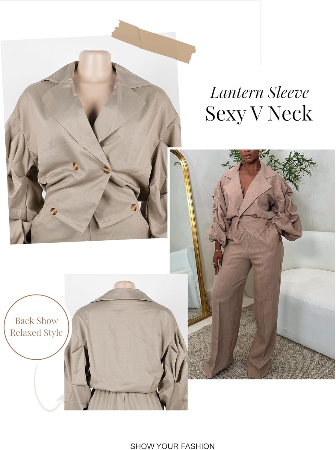 2 Piece Outfits for Women,Dressy Lantern Sleeve Jackets High Waisted Blazer Pants Set for Work Business - Image 3