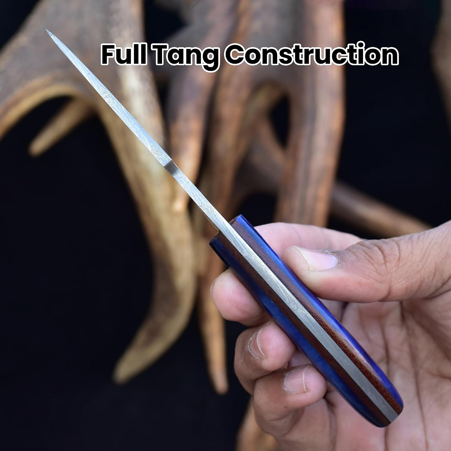 Knives Ranch Handmade Damascus Steel Full Tang TRIGGY COWBOY EDC Knife with Blue Cattle Bone Handle - Cross-draw Sheath (3185-BLU)