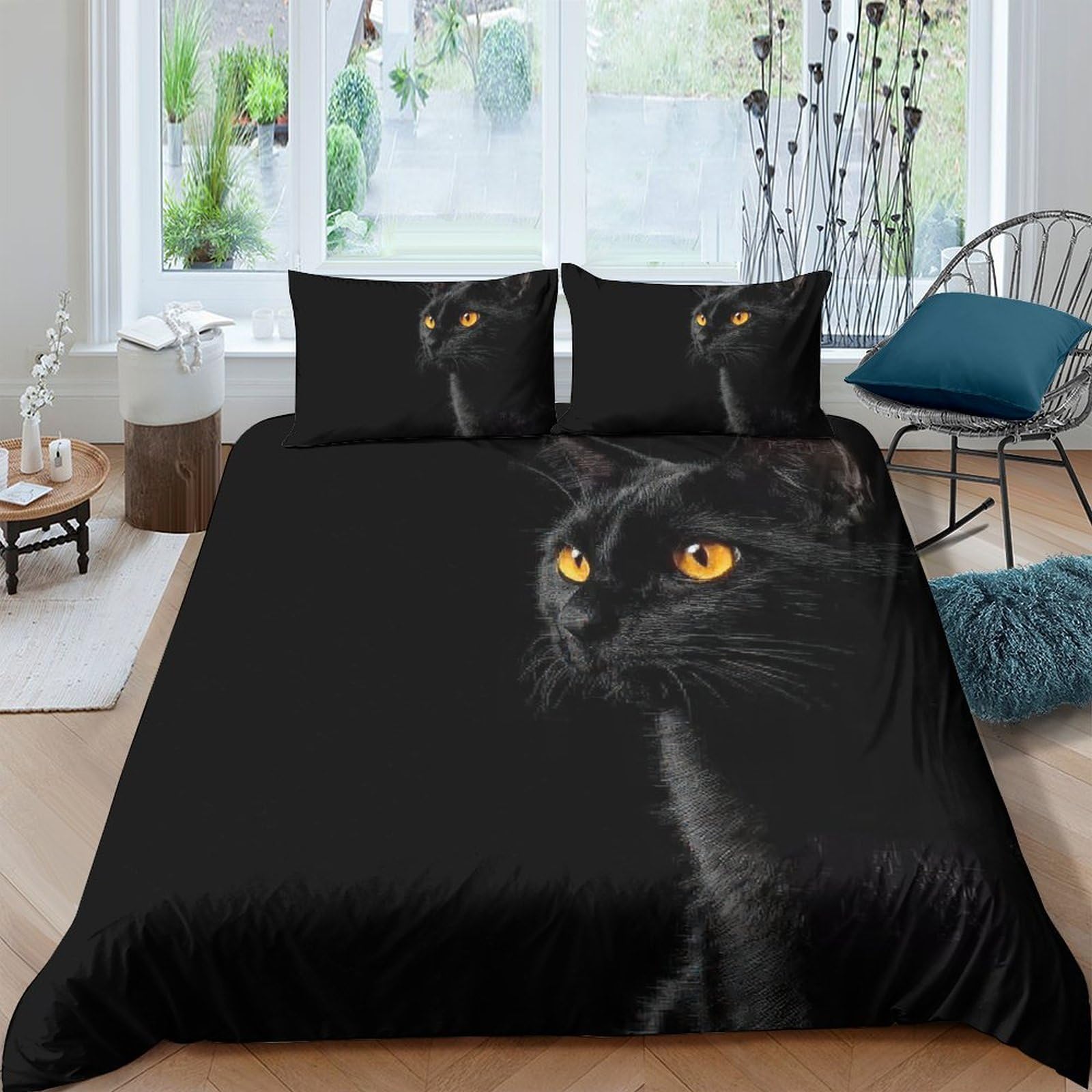 Ctjqhvkz Style-10 3D Printed Black Cat Fitted Sheet Microfiber Soft Breathable Yellow Eyes Bed Cover For Bedroom Guest Room Decor Single（135X200cm）